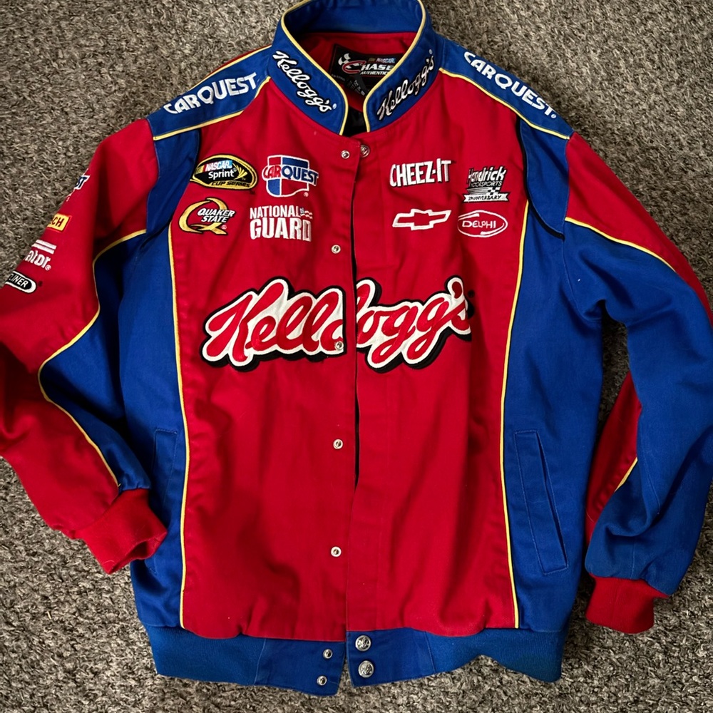 Chase Authentics Red and Blue NASCAR Racing Jacket with Sponsor Logos